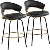 Jie 26" Swivel Counter Stool in Gold, Black Leatherette & Black Metal Leg (Set of 2)